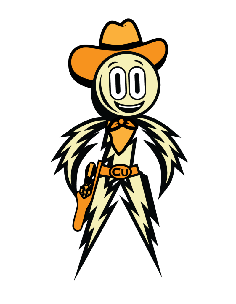 CU mascot - a cowboy made of lightening